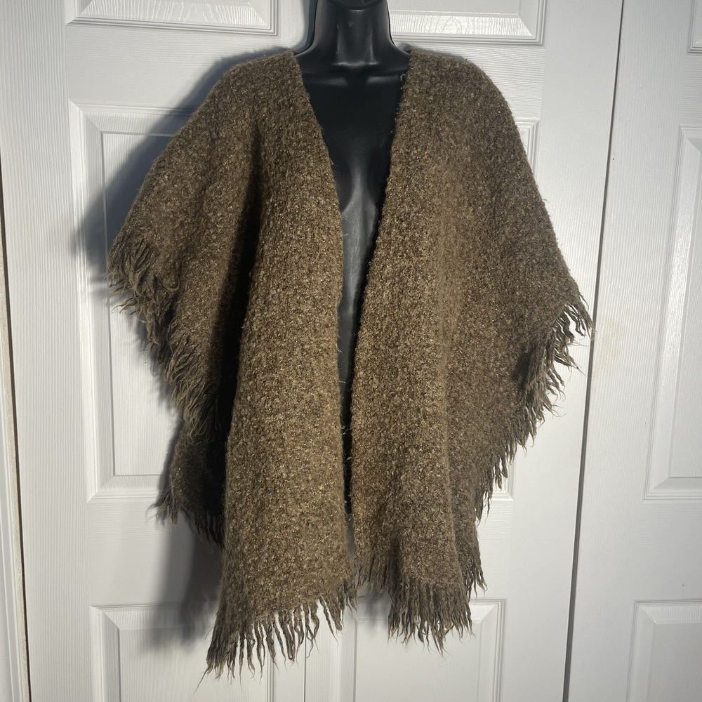 Vintage ECHO Wool Blend Shawl Poncho Brown Fringed Chunky Knit Made‎ In Ireland